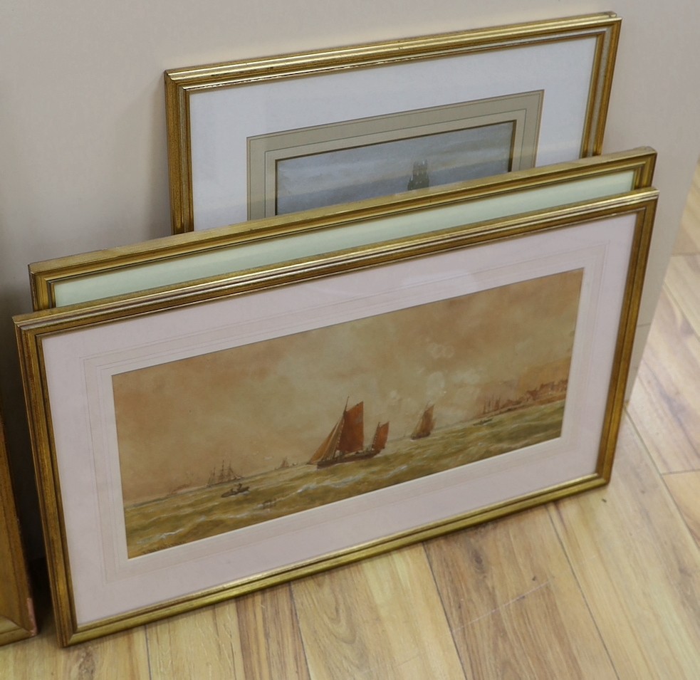 T. Mortimer, watercolour, Fishing boats at sea, 23 x 51cm and two other watercolours of fishing boats by differing hands